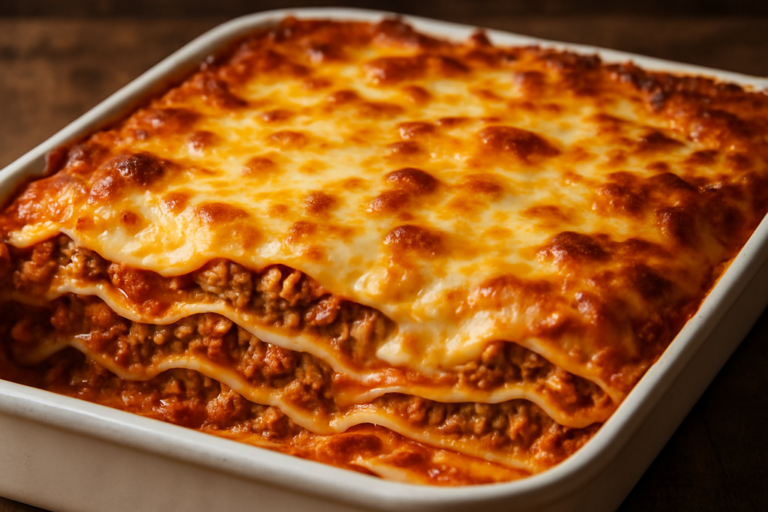 lasanha de massa de pastel em travessa com queijo gratinado dourado e camadas de carne moída e mussarela