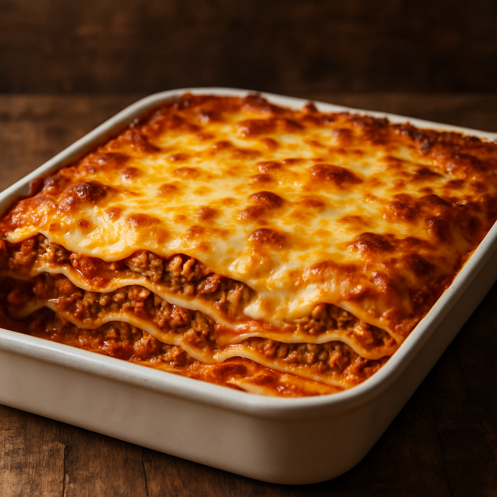 lasanha de massa de pastel em travessa com queijo gratinado dourado e camadas de carne moída e mussarela