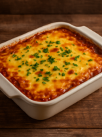 lasanha de pobre com carne moída e queijo derretido em refratário, vista de cima