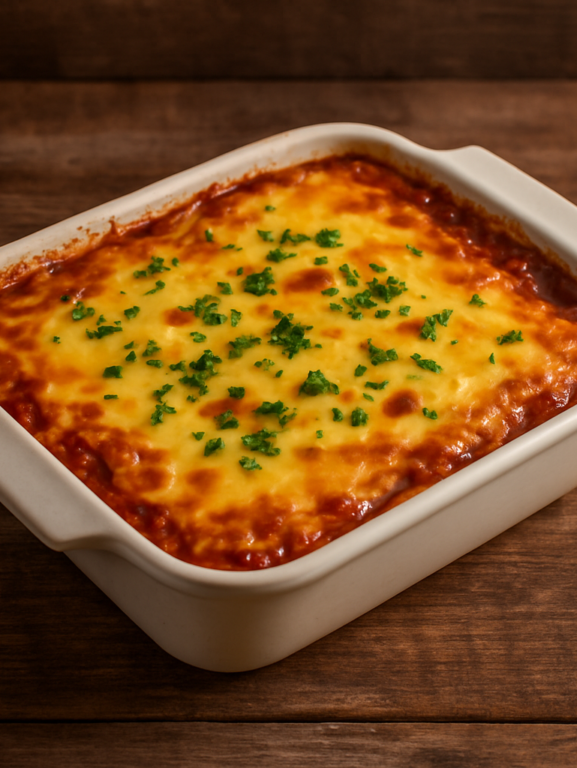 lasanha de pobre com carne moída e queijo derretido em refratário, vista de cima