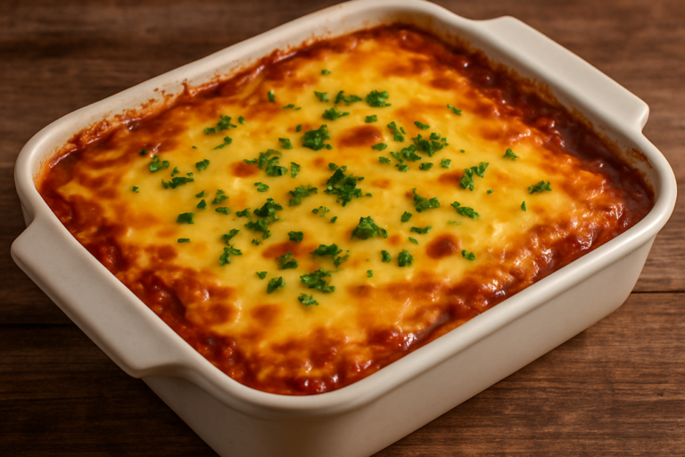 lasanha de pobre com carne moída e queijo derretido em refratário, vista de cima
