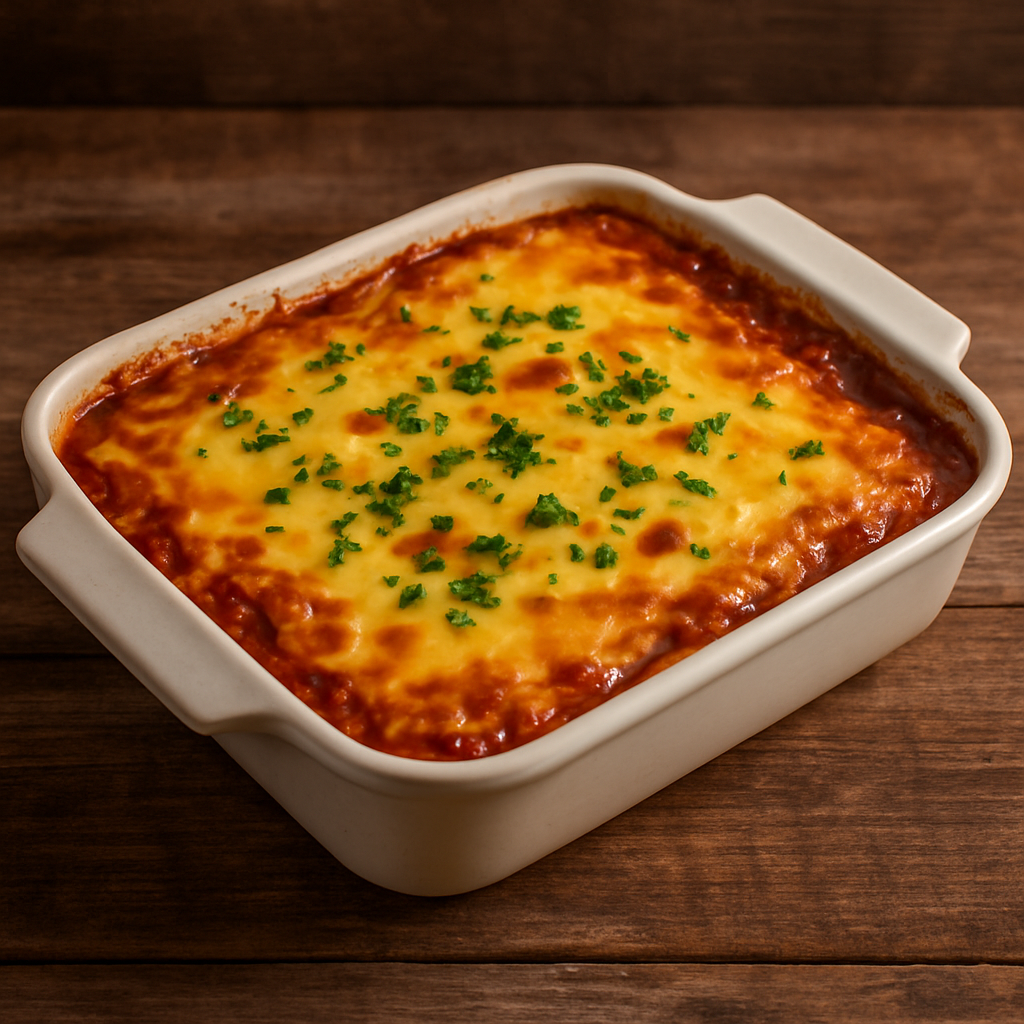 lasanha de pobre com carne moída e queijo derretido em refratário, vista de cima