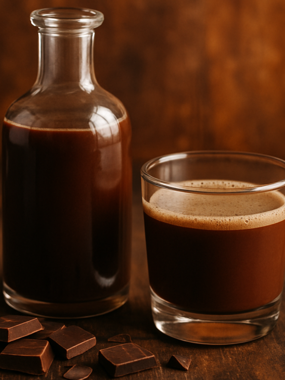 licor de chocolate caseiro cremoso em garrafa de vidro e copo com chocolate meio amargo ao lado