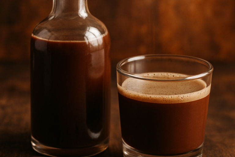 licor de chocolate caseiro cremoso em garrafa de vidro e copo com chocolate meio amargo ao lado