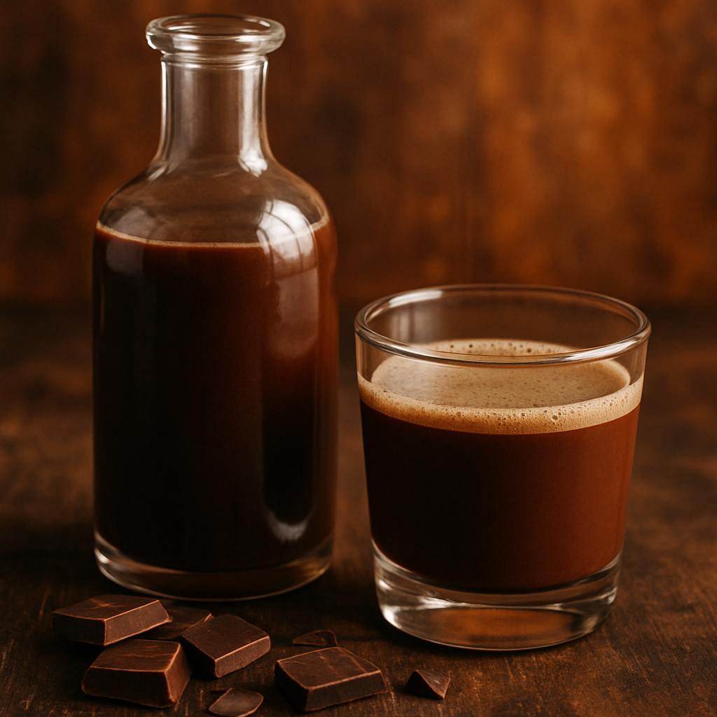 licor de chocolate caseiro cremoso em garrafa de vidro e copo com chocolate meio amargo ao lado