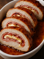 Lombo de porco recheado fatiado em travessa branca mostrando camadas de presunto, queijo e bacon