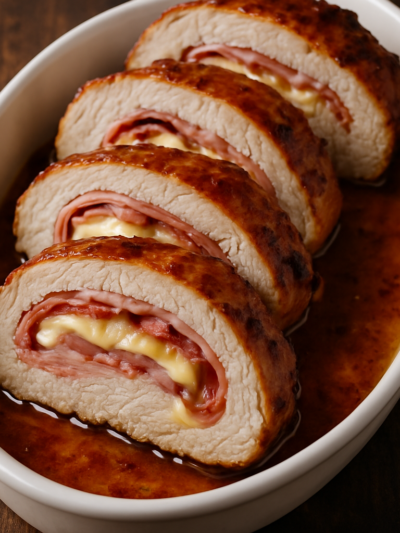 Lombo de porco recheado fatiado em travessa branca mostrando camadas de presunto, queijo e bacon