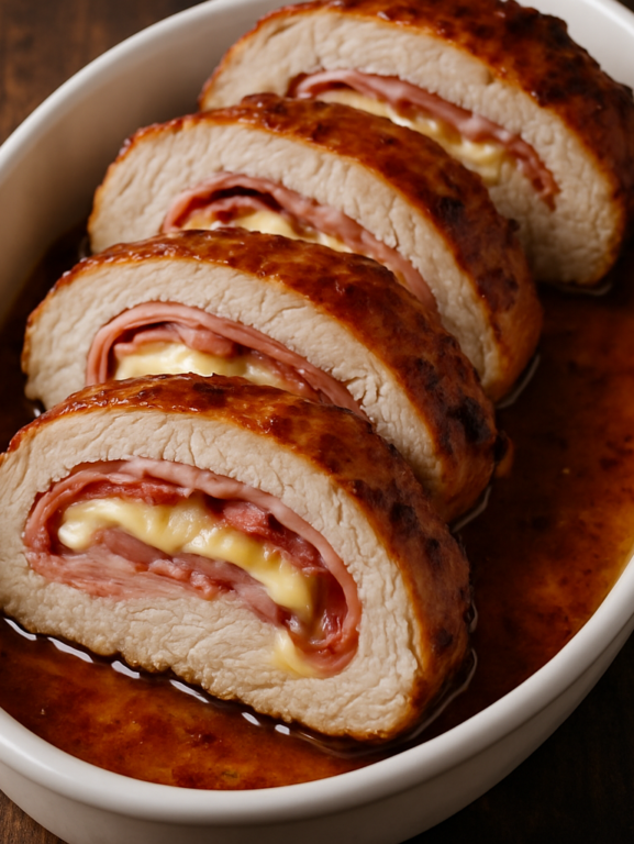 Lombo de porco recheado fatiado em travessa branca mostrando camadas de presunto, queijo e bacon