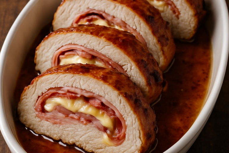 Lombo de porco recheado fatiado em travessa branca mostrando camadas de presunto, queijo e bacon