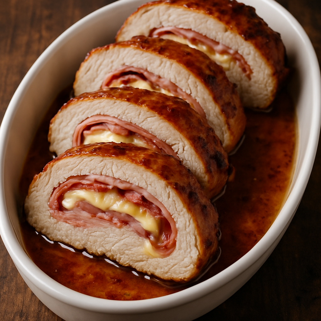Lombo de porco recheado fatiado em travessa branca mostrando camadas de presunto, queijo e bacon