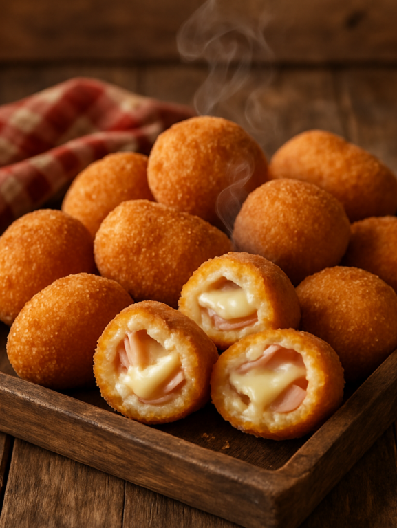 Lua de mel lanche para tarde: bolinhos crocantes de angu recheados com presunto e queijo derretido em bandeja de madeira