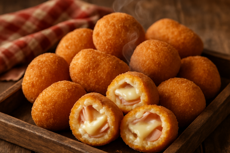 Lua de mel lanche para tarde: bolinhos crocantes de angu recheados com presunto e queijo derretido em bandeja de madeira