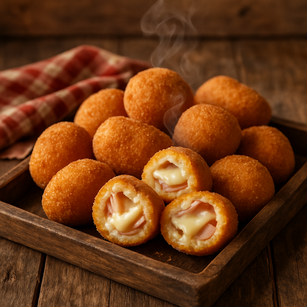 Lua de mel lanche para tarde: bolinhos crocantes de angu recheados com presunto e queijo derretido em bandeja de madeira