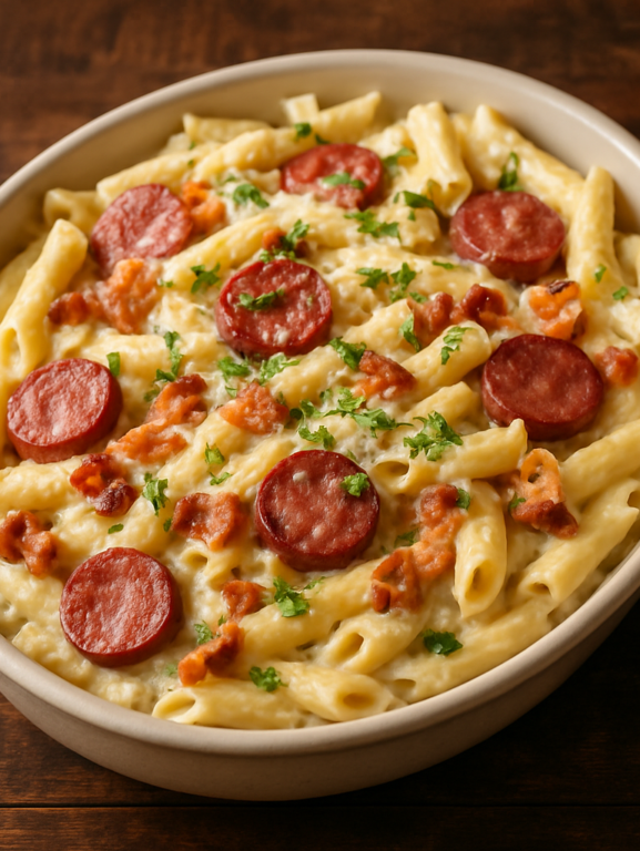 Macarrão à moda da casa cremoso com bacon, calabresa e molho branco caseiro em travessa funda