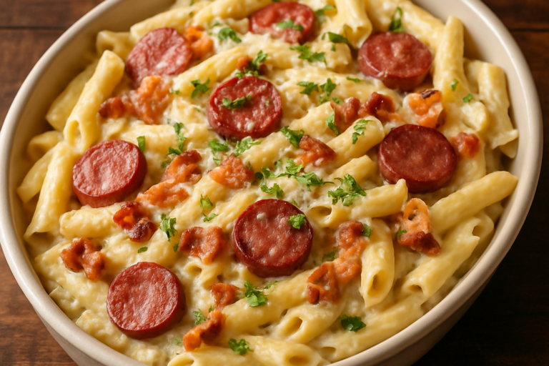 Macarrão à moda da casa cremoso com bacon, calabresa e molho branco caseiro em travessa funda