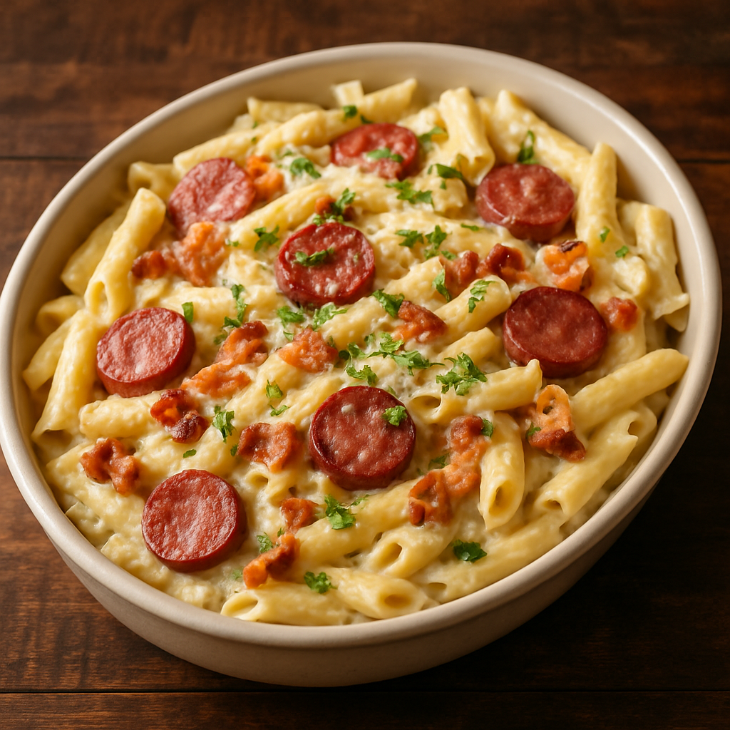 Macarrão à moda da casa cremoso com bacon, calabresa e molho branco caseiro em travessa funda