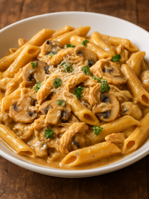 Macarrão à Ruanezza cremoso com frango desfiado e cogumelos em prato fundo branco