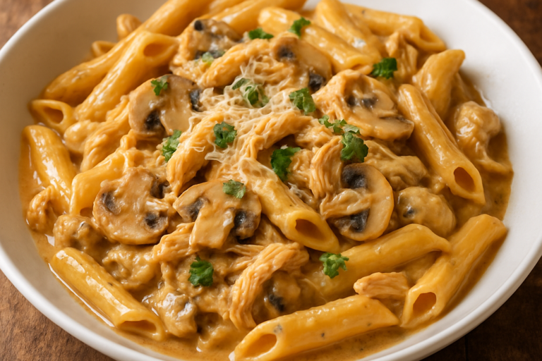 Macarrão à Ruanezza cremoso com frango desfiado e cogumelos em prato fundo branco