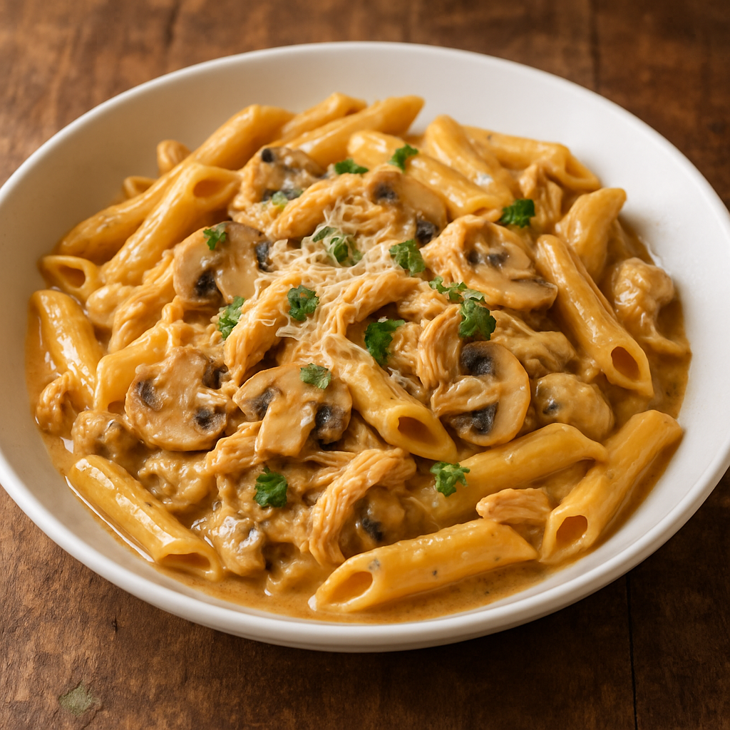 Macarrão à Ruanezza cremoso com frango desfiado e cogumelos em prato fundo branco