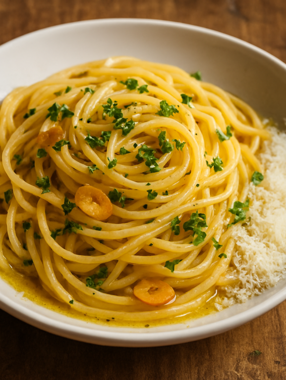 Macarrão alho e óleo cremoso com alho dourado e salsinha fresca em prato fundo branco