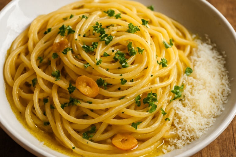 Macarrão alho e óleo cremoso com alho dourado e salsinha fresca em prato fundo branco