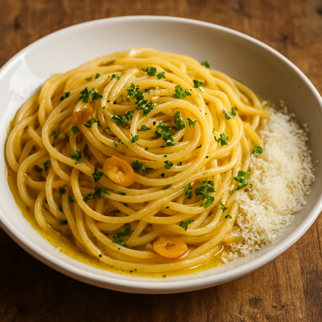 Macarrão alho e óleo cremoso com alho dourado e salsinha fresca em prato fundo branco