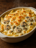 Macarrão ao molho de queijos e champignon gratinado em refratário oval com crosta dourada de parmesão