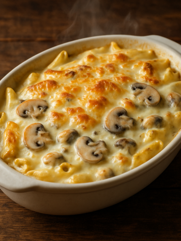 Macarrão ao molho de queijos e champignon gratinado em refratário oval com crosta dourada de parmesão