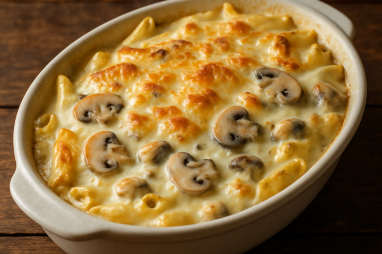 Macarrão ao molho de queijos e champignon gratinado em refratário oval com crosta dourada de parmesão