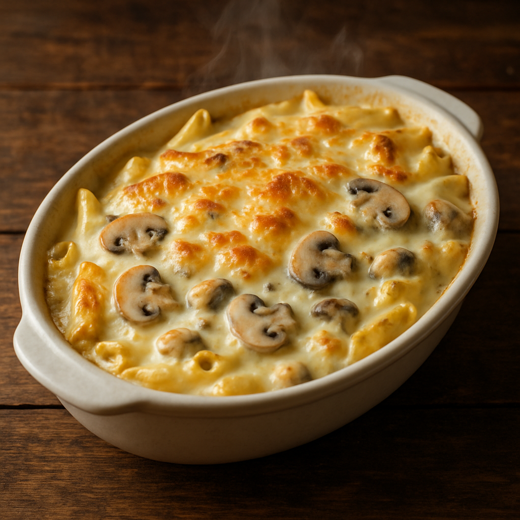Macarrão ao molho de queijos e champignon gratinado em refratário oval com crosta dourada de parmesão