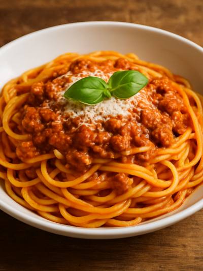 Prato de macarrão bolonhesa caseiro com molho de carne moída encorpado e queijo parmesão ralado por cima
