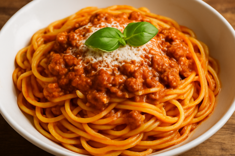 Prato de macarrão bolonhesa caseiro com molho de carne moída encorpado e queijo parmesão ralado por cima