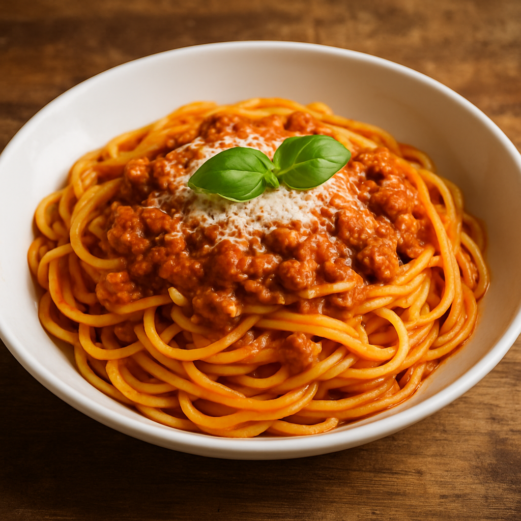 Prato de macarrão bolonhesa caseiro com molho de carne moída encorpado e queijo parmesão ralado por cima