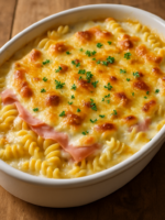 macarrão com presunto e molho branco cremoso gratinado em refratário branco com queijo dourado por cima