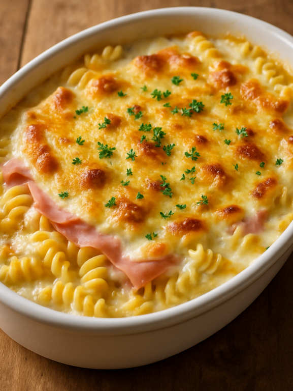 macarrão com presunto e molho branco cremoso gratinado em refratário branco com queijo dourado por cima