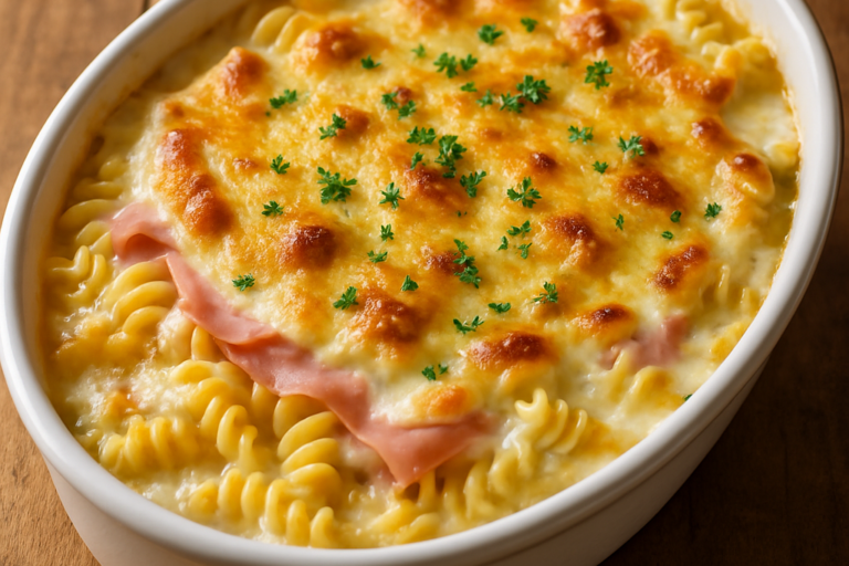 macarrão com presunto e molho branco cremoso gratinado em refratário branco com queijo dourado por cima