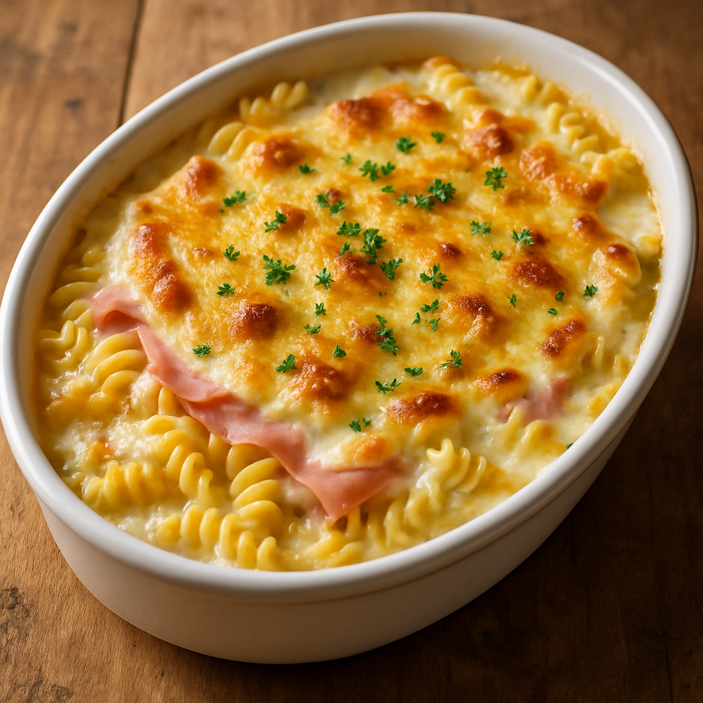 macarrão com presunto e molho branco cremoso gratinado em refratário branco com queijo dourado por cima