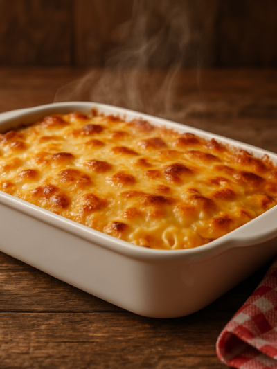 Macarrão de forno cremoso com frango desfiado e queijo gratinado dourado em travessa branca
