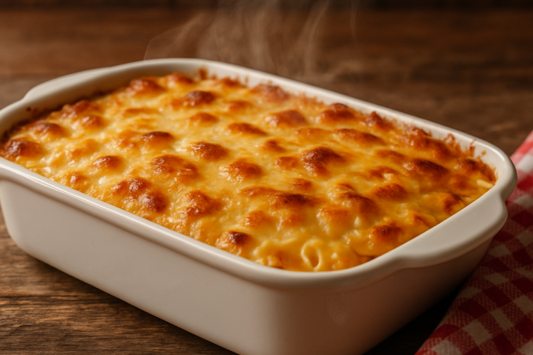 Macarrão de forno cremoso com frango desfiado e queijo gratinado dourado em travessa branca