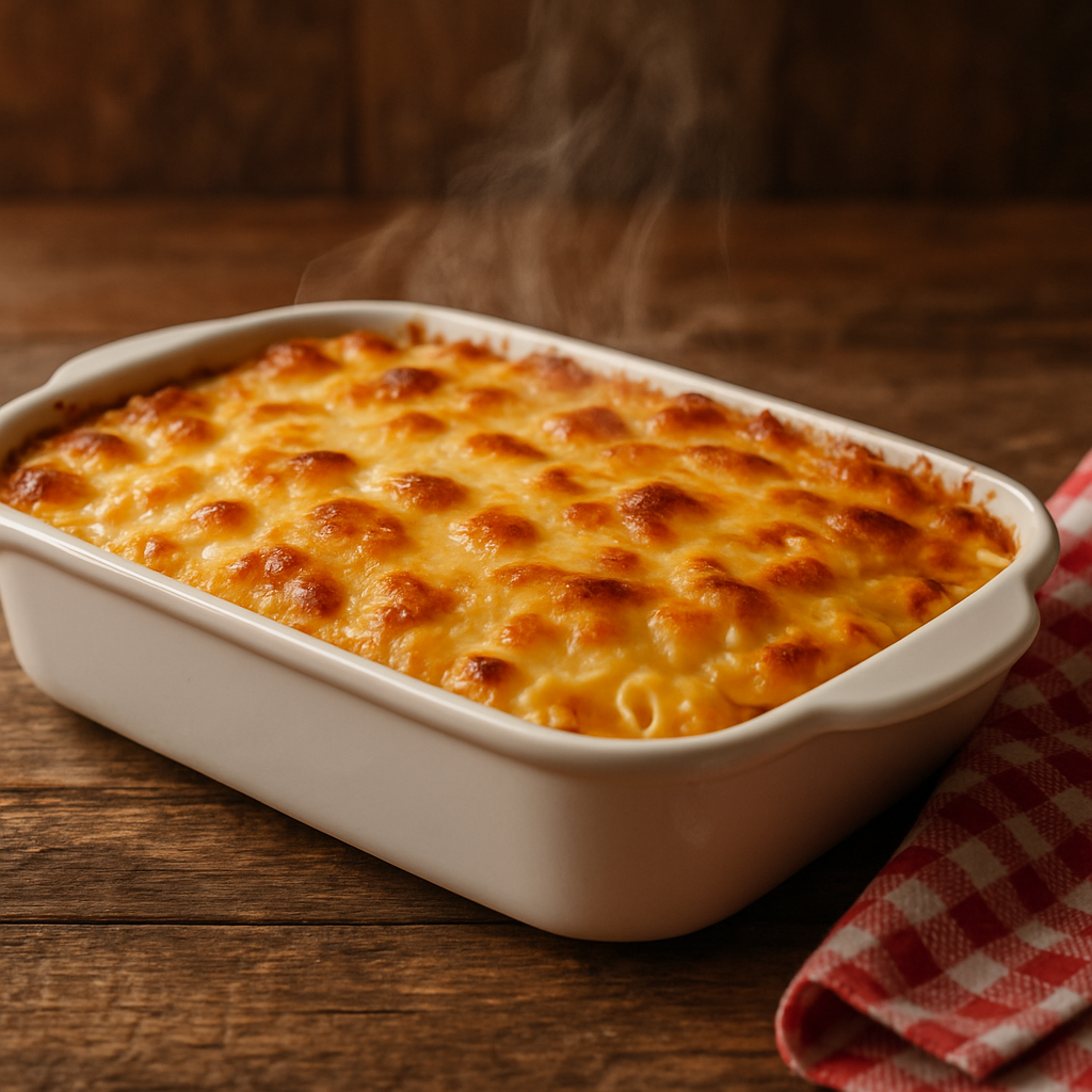 Macarrão de forno cremoso com frango desfiado e queijo gratinado dourado em travessa branca