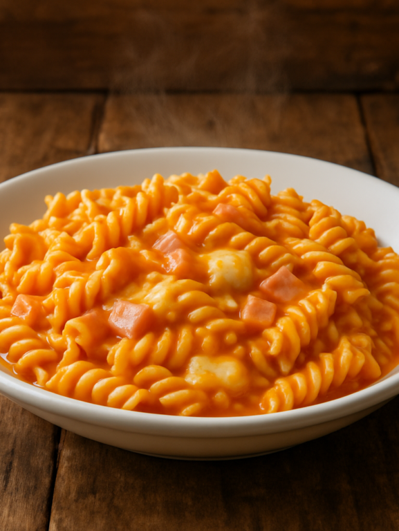 macarrão de panela de pressão cremoso com atum, presunto e mussarela em prato fundo branco