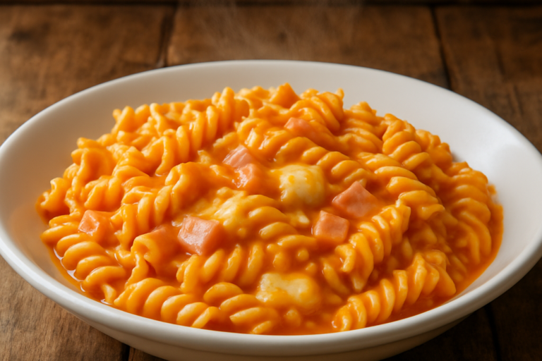 macarrão de panela de pressão cremoso com atum, presunto e mussarela em prato fundo branco
