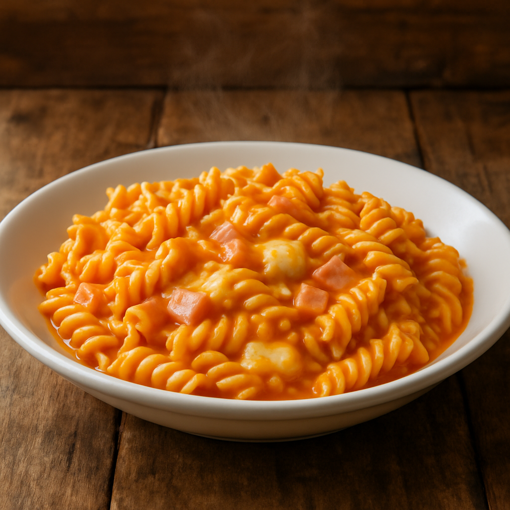macarrão de panela de pressão cremoso com atum, presunto e mussarela em prato fundo branco