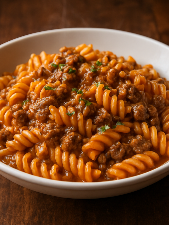 macarrão de panela de pressão cremoso com carne moída e molho de tomate servido em prato fundo