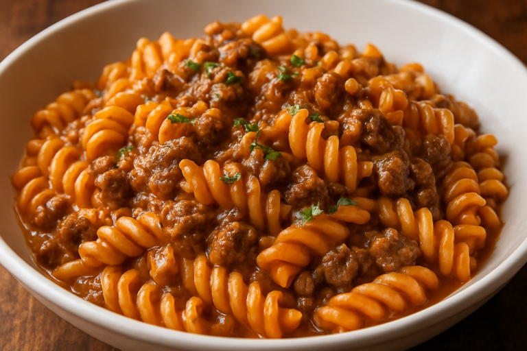 macarrão de panela de pressão cremoso com carne moída e molho de tomate servido em prato fundo