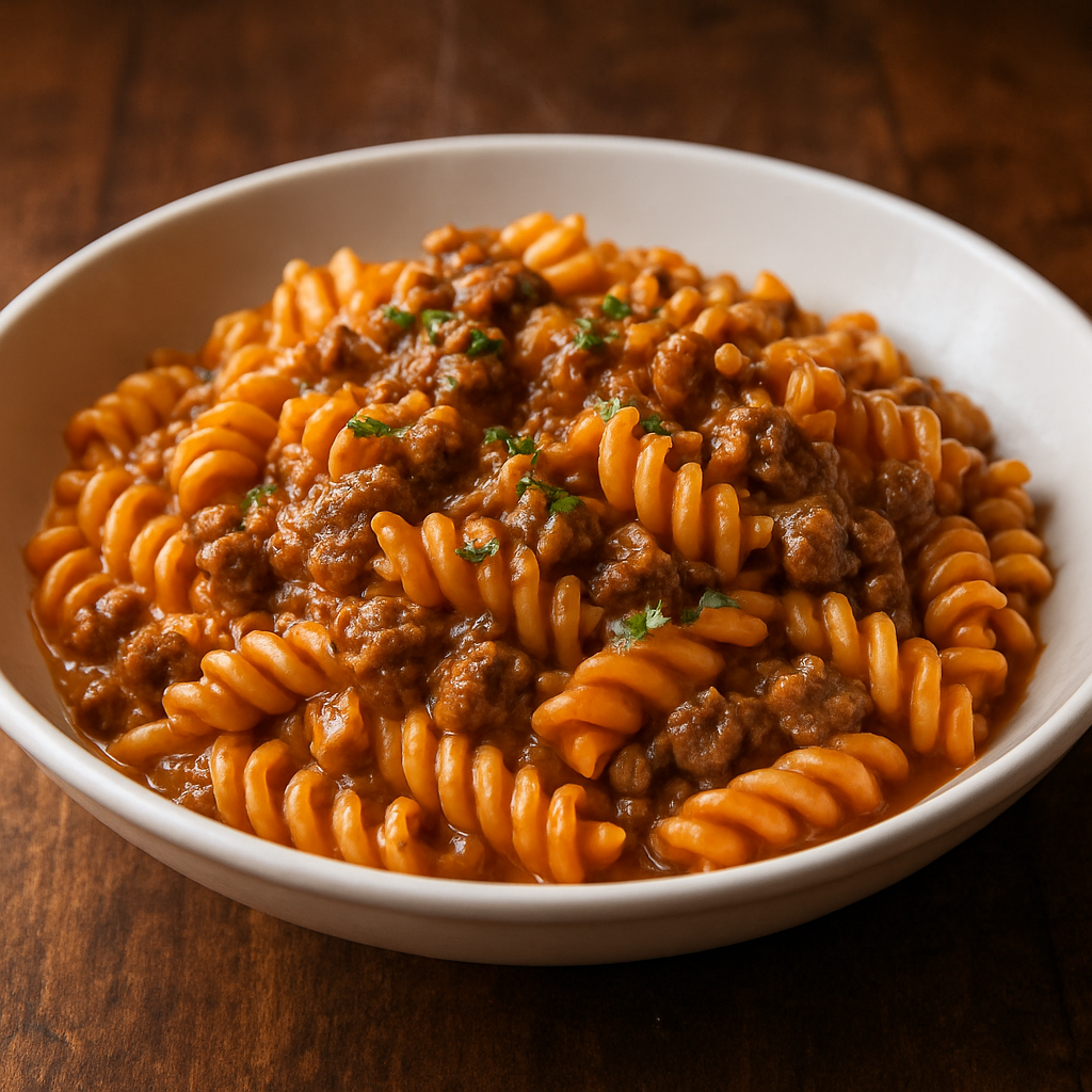 macarrão de panela de pressão cremoso com carne moída e molho de tomate servido em prato fundo