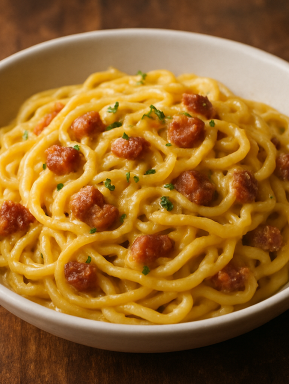 Macarrão diferente à carbonara brasileira com bacon crocante e molho cremoso de ovos e parmesão em prato fundo branco