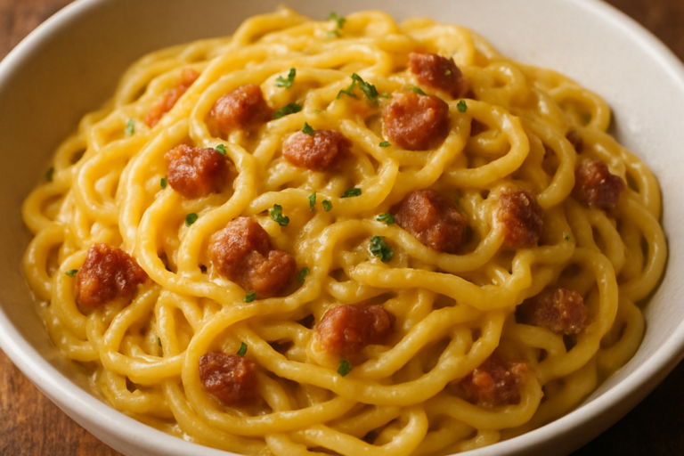 Macarrão diferente à carbonara brasileira com bacon crocante e molho cremoso de ovos e parmesão em prato fundo branco
