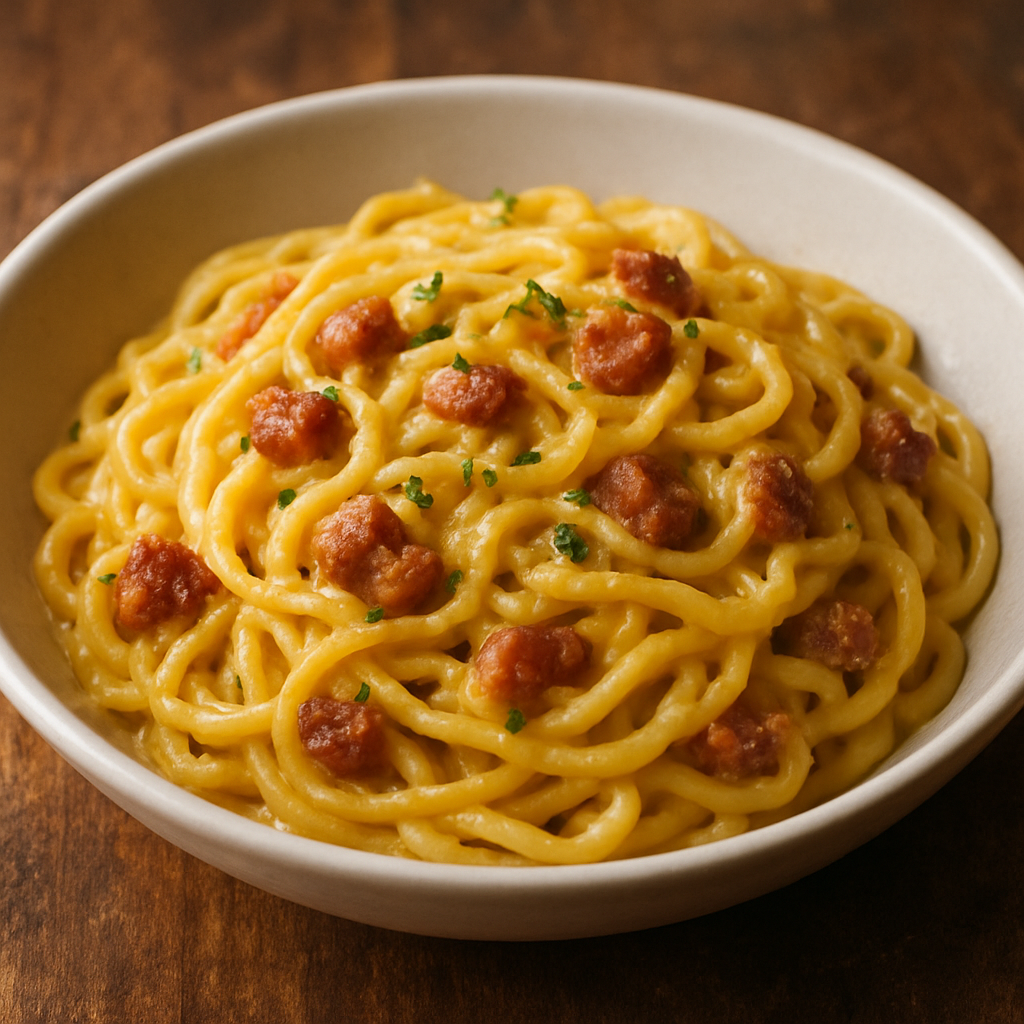 Macarrão diferente à carbonara brasileira com bacon crocante e molho cremoso de ovos e parmesão em prato fundo branco