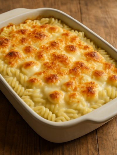 Macarrão especial cremoso com molho branco, presunto e queijo gratinado em refratário